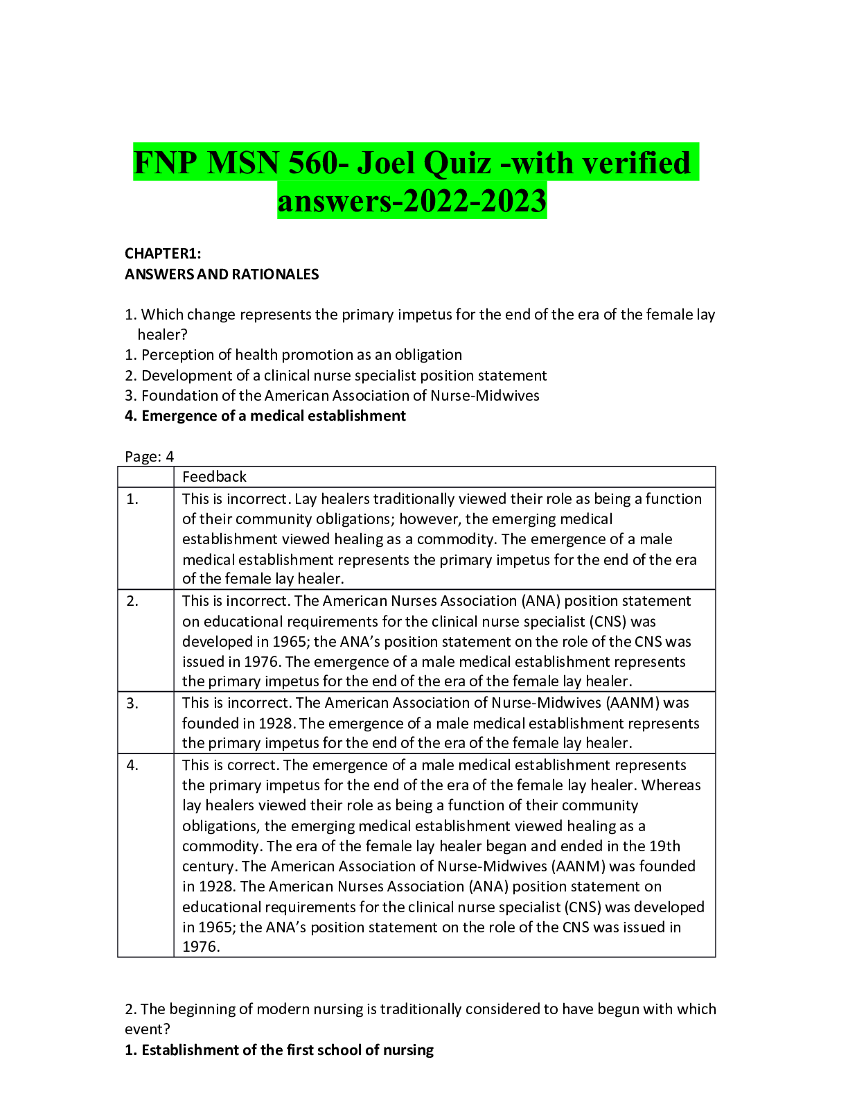 Preview of FNP MSN 560- Joel Quiz -with verified answers-2022-2023